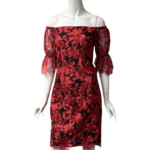 Trina Turk Off The Shoulder Red & Black Lace Floral print Dress - Picture 1 of 9